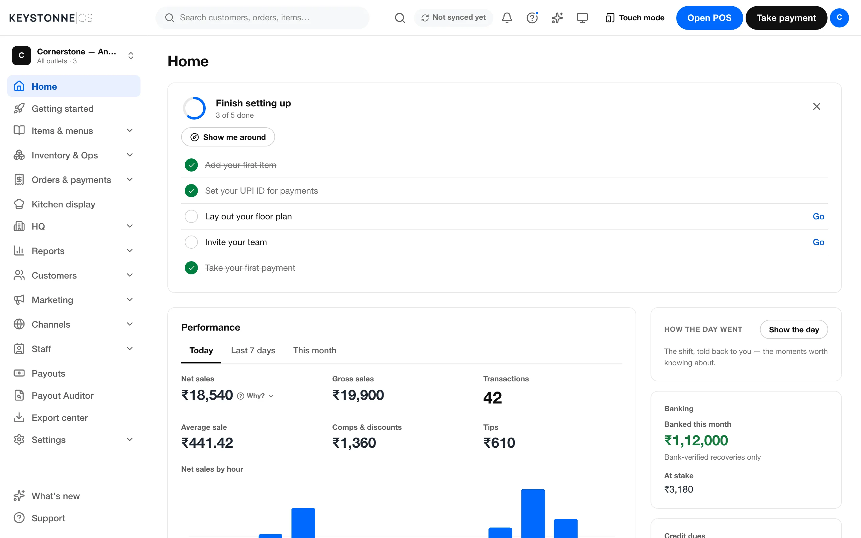 The Keystonne OS owner dashboard: the day's sales, live orders and stock on one screen.