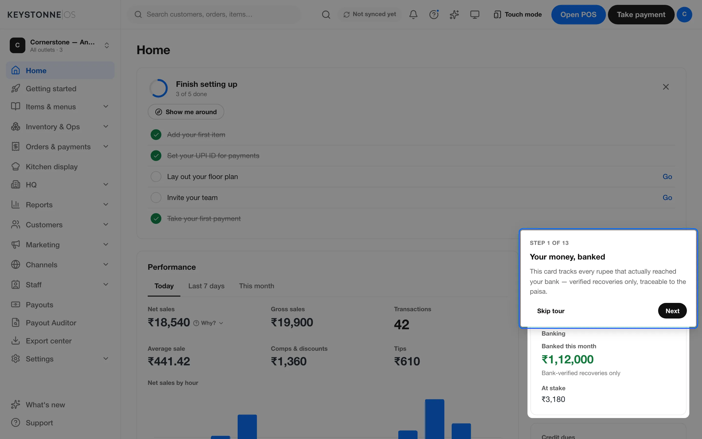 The owner dashboard showing the day-end sales summary.